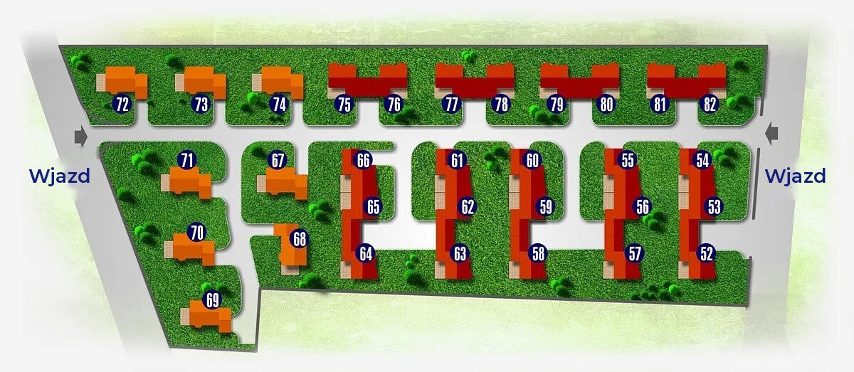 Plan osiedla Słoneczna Jedynka, etap 1, z numerami domów 52–82 i dwoma wjazdami