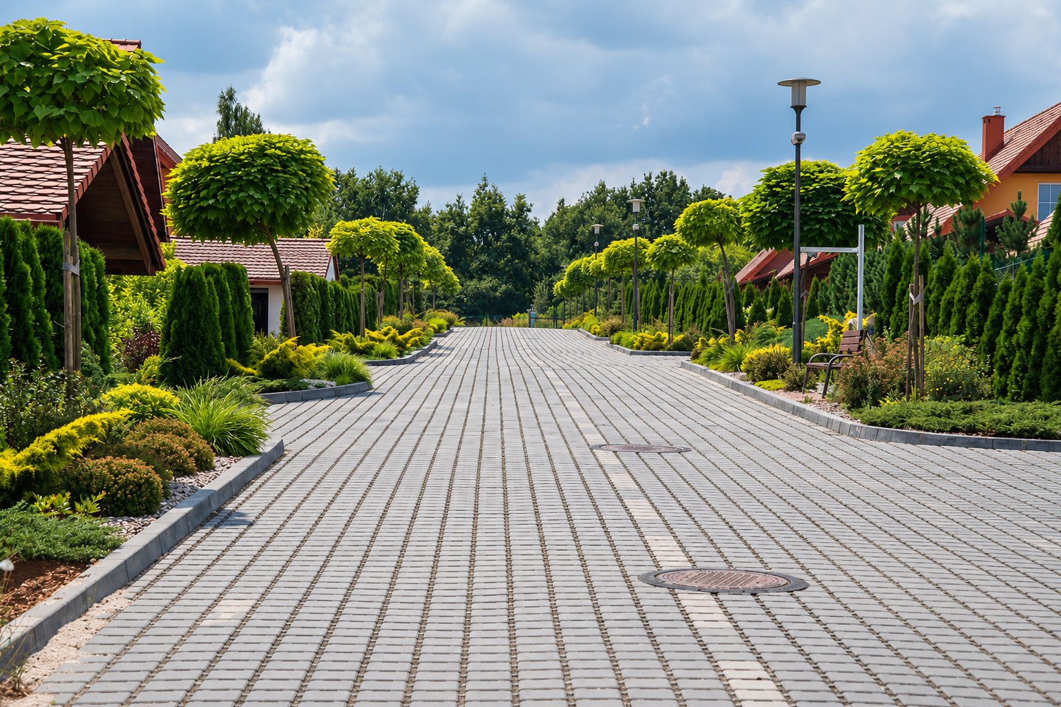 Ulica osiedlowa Słonecznej Jedynki, obsadzona drzewami
